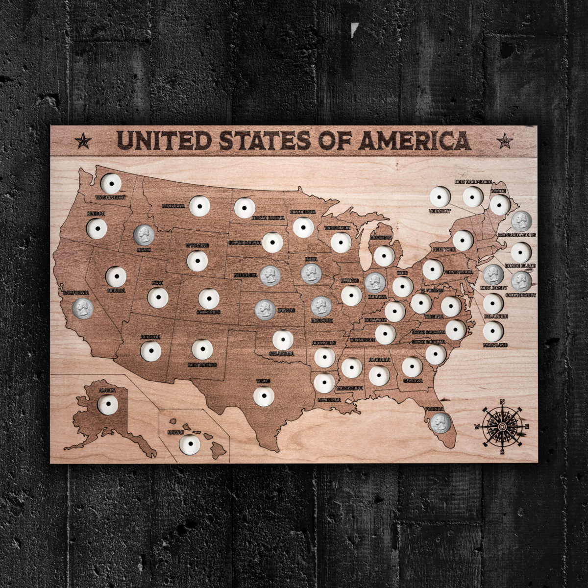 50 State Wooden Quarter Map – US Coin Map in Wood for US Quarter
